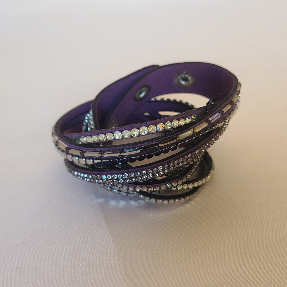Faux Leather Deep Purple Rhinestone Layered Wide Bracelet Snap Closure Choker - Picture 2 of 8